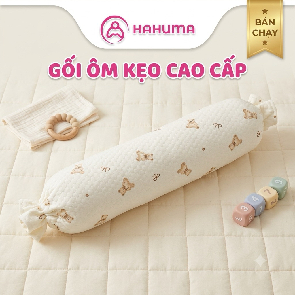 Gối Cho Bé HAHUMA Dài 50cm Trần Bông Hoạ Tiết Gấu