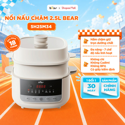 Nồi Nấu Cháo Chậm BEAR 2.5L Có Xửng Hấp 8 Chế Độ Nấu Hầm Hấp Nấu Chậm Cho Bé Giữ Trọn Dinh Dưỡng SC-5H25M34