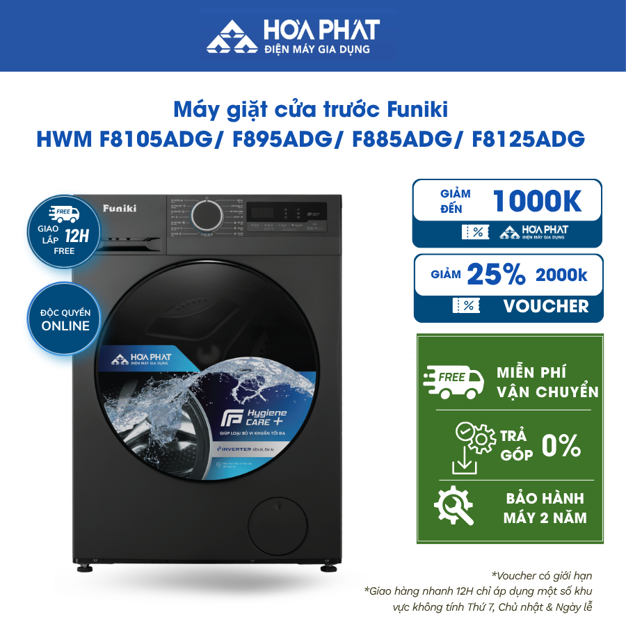 Máy giặt cửa trước Funiki HWM F8125ADG 12.5kg/ F8105ADG 10.5 kg/  F895ADG 9.5 kg/ F885ADG 8.5 kg  - 