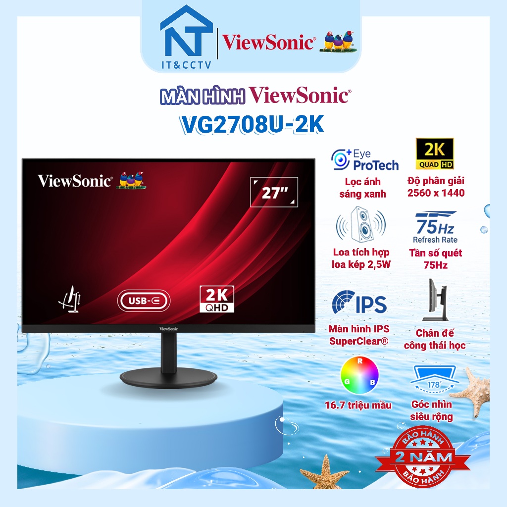 Màn Hình ViewSonic VG2708U-2K 27 Inch QHD 2K IPS USB-C Công Thái Học Cho Doanh Nghiệp