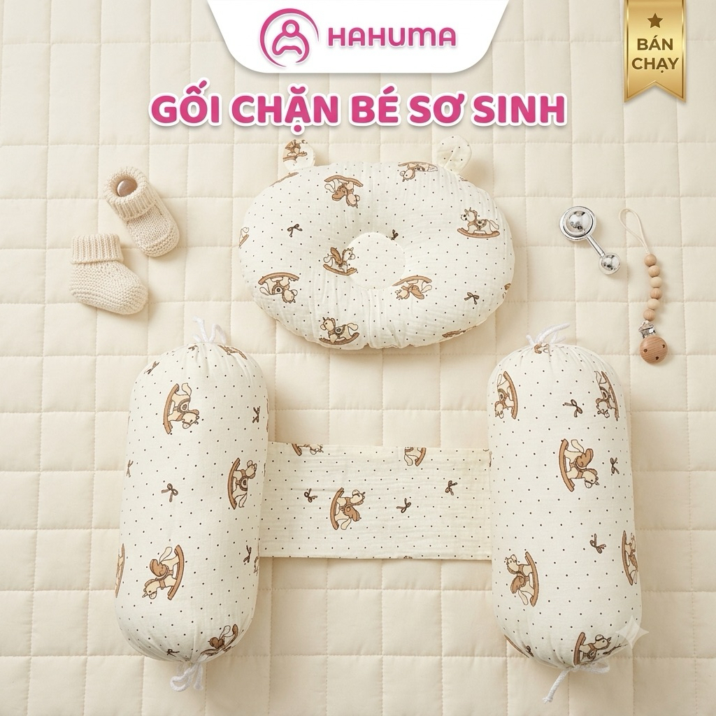 Bộ Gối Chặn HAHUMA Cho Bé Sơ Sinh – Mềm Mại Thoáng Khí, Kèm Gối Chống Bẹp Đầu