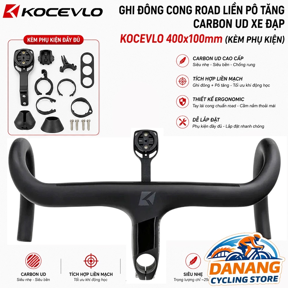 Ghi Đông Cong Road Liền Pô Tăng Carbon UD KOCEVLO 400x100mm – Handlebar Aero Tích Hợp, Kèm Phụ Kiện