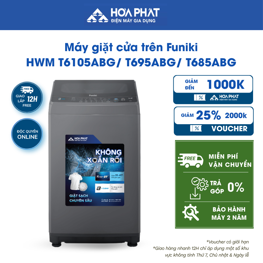 Máy giặt cửa trên Funiki HWM T6105ABG 10.5 kg/ T695ABG 9.5 kg/ T685ABG 8.5 kg - BH 24 tháng