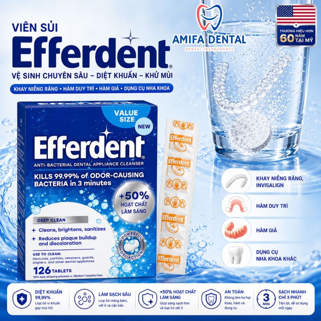 [USA] Viên Sủi Efferdent Deep Clean 126 Viên Làm Sạch Hàm Giả, Invisalign...Efferdent Chính Hãng Mỹ