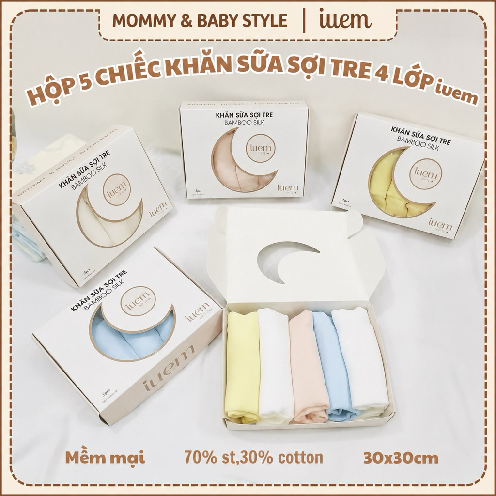 Hộp 5 Khăn Sữa Sợi Tre Iuem 4 Lớp 30x30cm, Khăn Xô Bamboo Silk Mềm Mại Thấm Hút Cho Bé Sơ Sinh | Mom