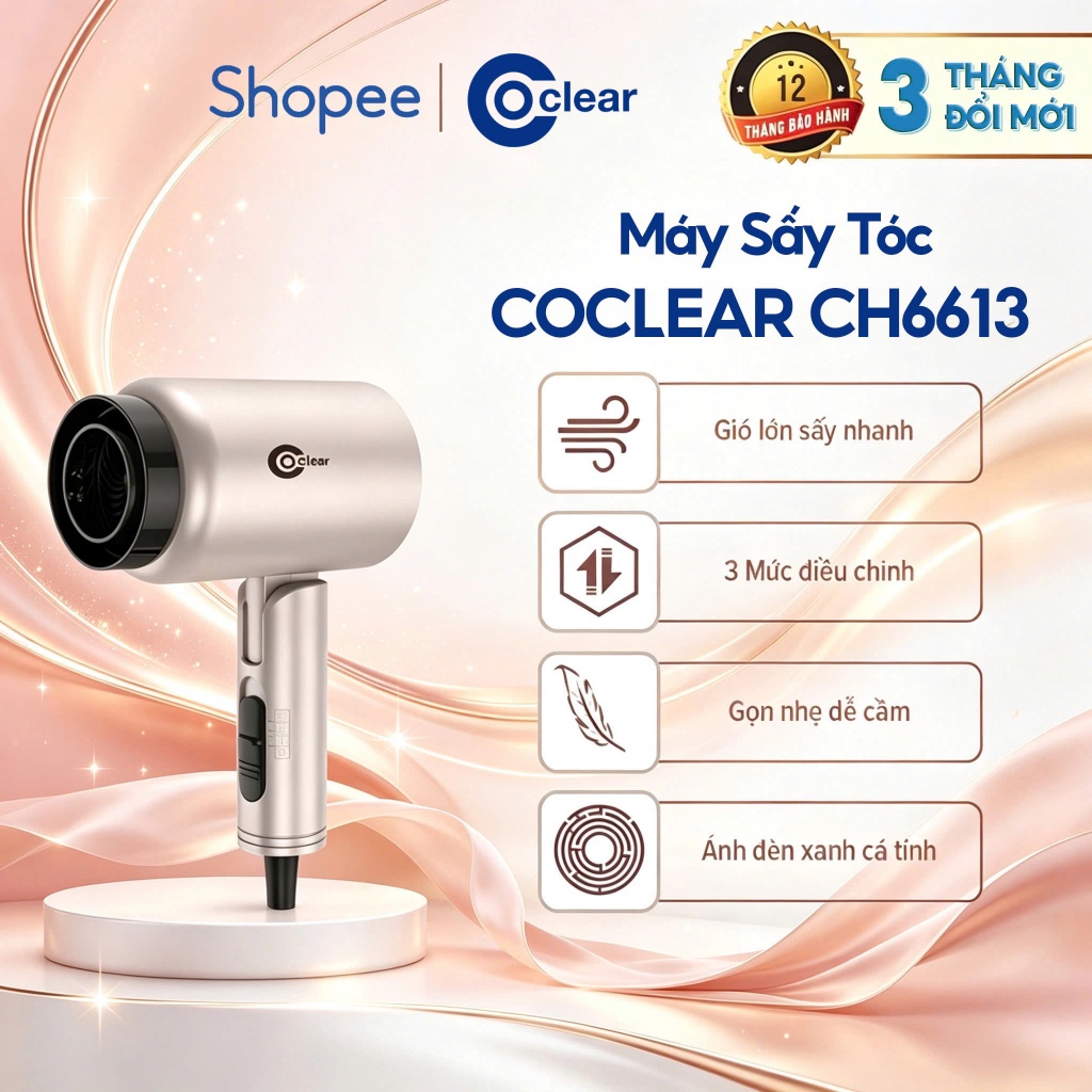 Máy Sấy Tóc Mini Coclear CH6613 (1600W) Chế Độ Sấy Mát Bảo Vệ Tóc - Hàng Chính Hãng
