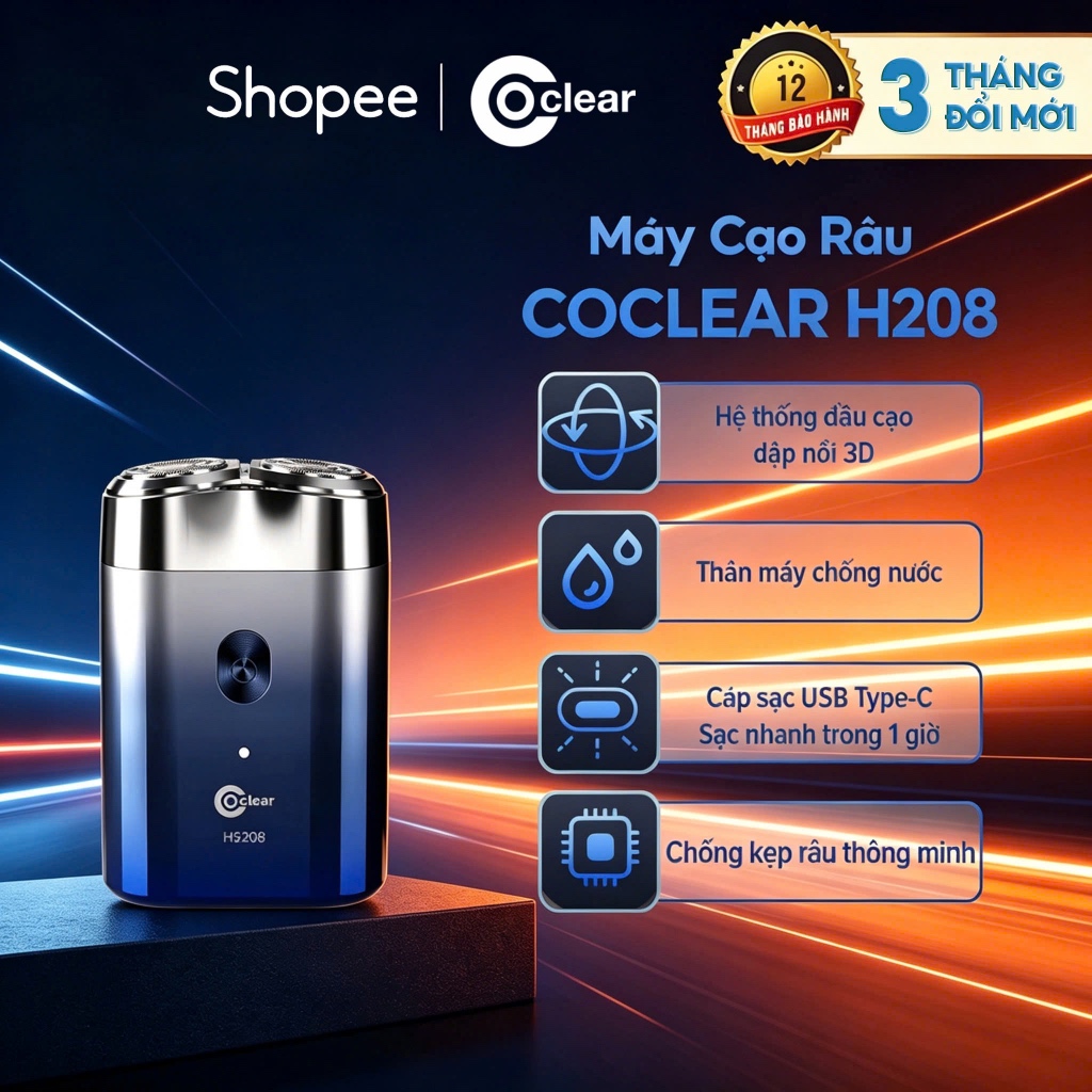 Máy cạo râu điện Coclear HS208 Lưới dao kép bề mặt 3D , sạc USB/type-C, chống nước toàn thân, sạc nh