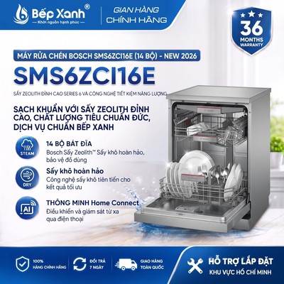 TẶNG BẾP TỪ 2TR6 | SMS6ZCI16E | Máy rửa bát Bosch SMS6ZCI16E Series 6 New 2026 - Sấy Zeolith