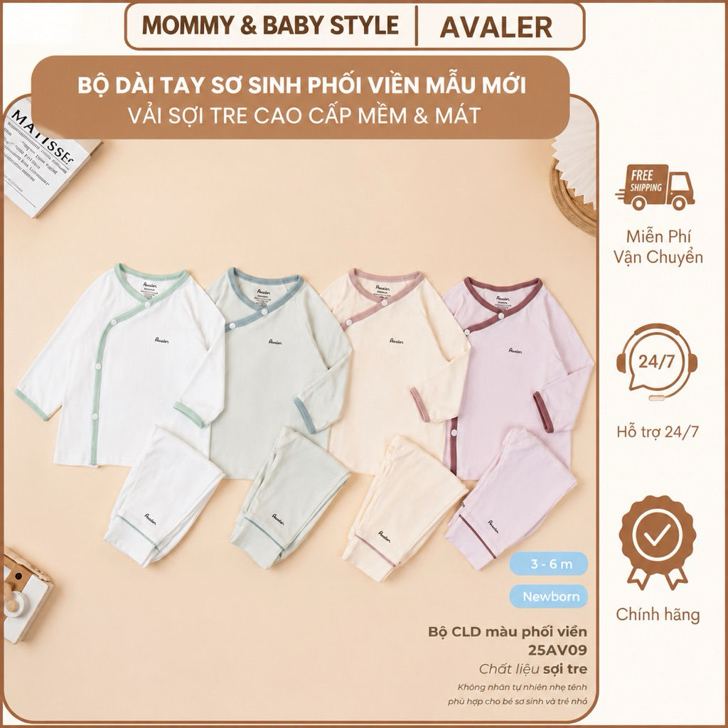 [Avaler Chính Hãng] Bộ Quần Áo Dài Tay Sơ Sinh Avaler Vải Sợi Tre Phối Viền Mềm Mát Cho Bé