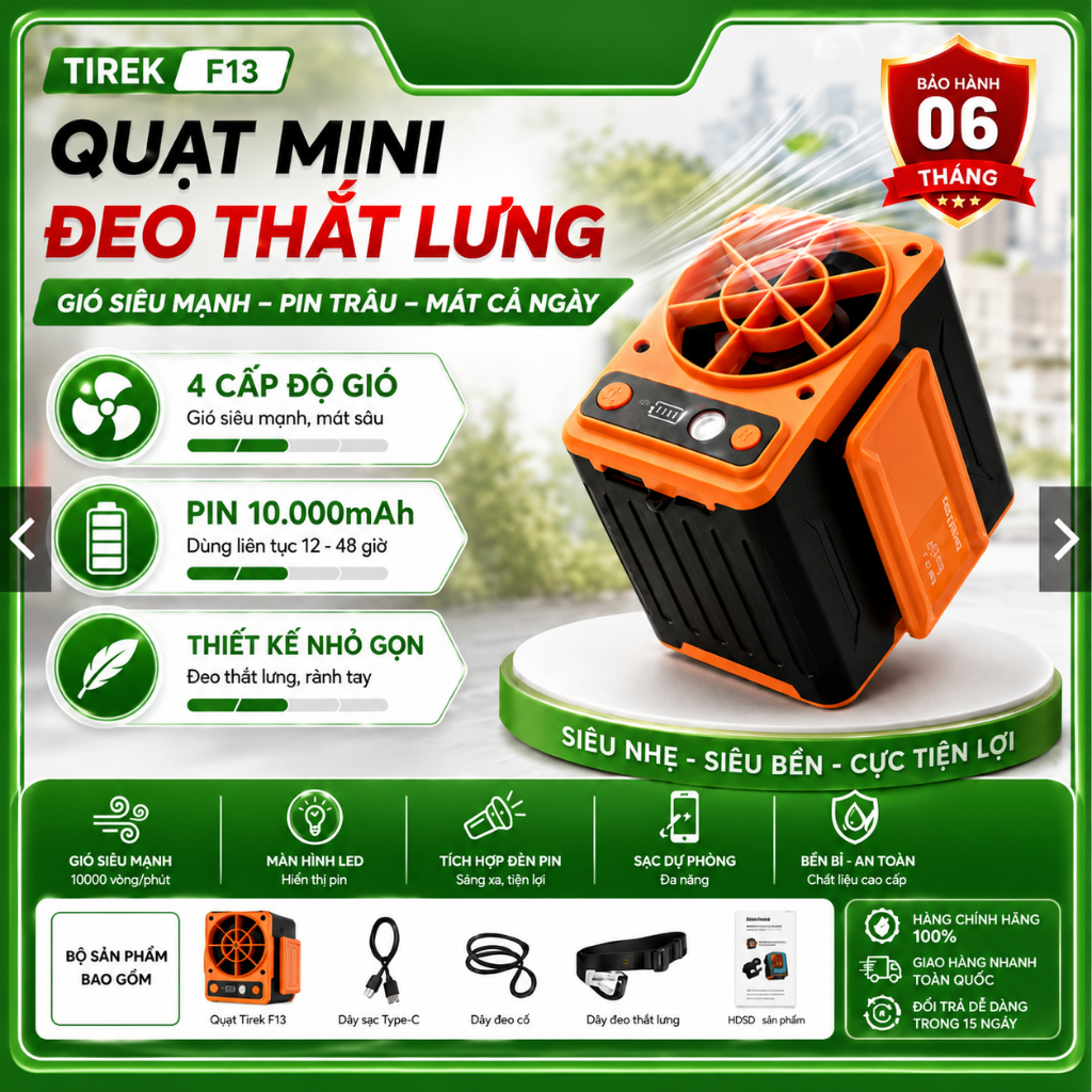 (MỚI NHẤT 2026) Quạt Mini Đeo Thắt Lưng Tirek F13 Pin 10000mAh, 4 Cấp Độ Gió, Dùng liên tục12–36H