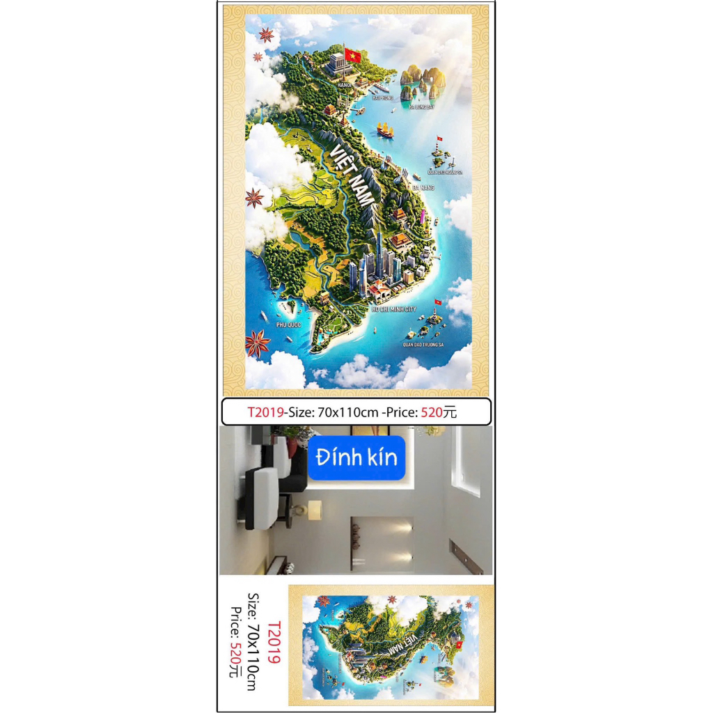 Tranh đính đá Bản Đồ Việt Nam (70x110) chưa đính