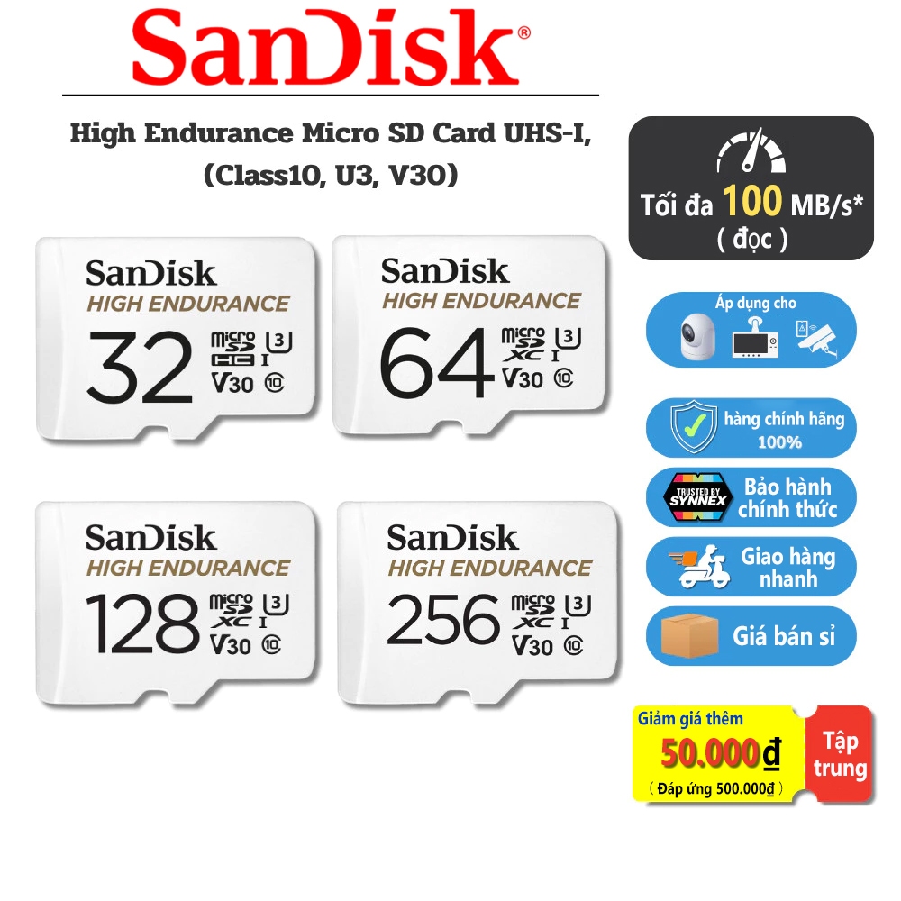 Thẻ nhớ MicroSDXC Sandisk High Endurance 32GB / 64GB / 128GB / 256GB / 512GB / 1TB 100MB/s Bảo hành 