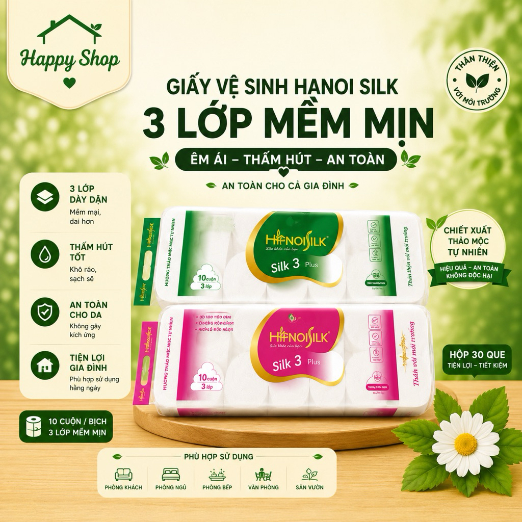 Giấy Vệ Sinh Hanoi Silk Xanh Lá/Hồng 3 Lớp 10 Cuộn/Bịch - Siêu dai, mềm mịn, tan nhanh