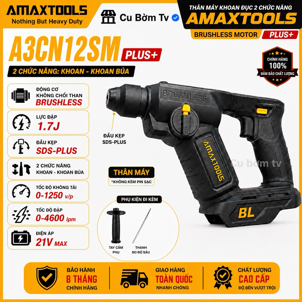 Máy Khoan Bê Tông Amaxtools A3CN12SM Plus+ Lực 1.7J Có Chống Rung, Antikick back