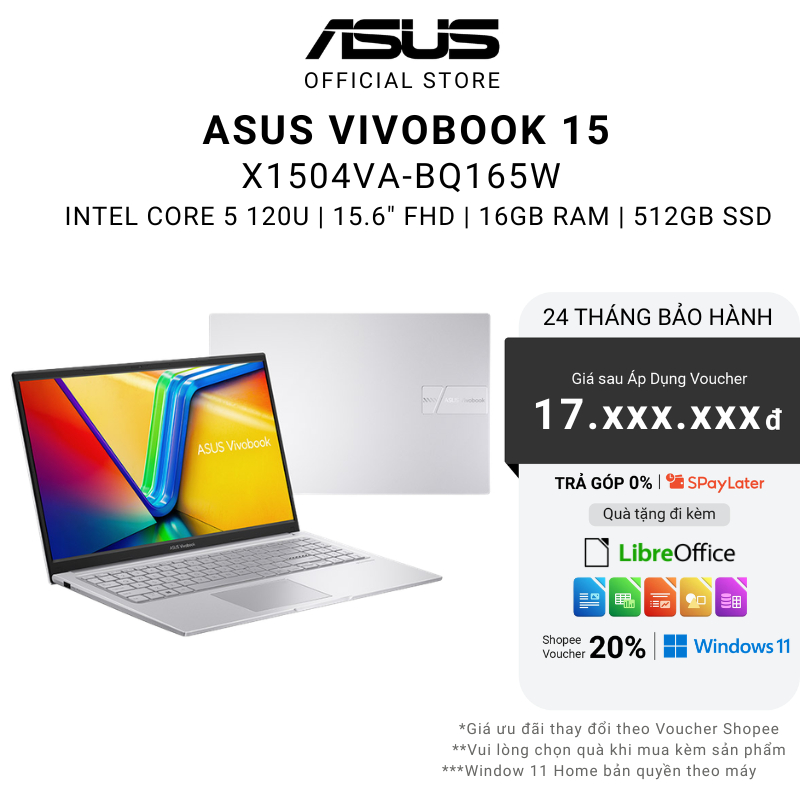 Laptop Asus Vivobook 15 X1504VA-BQ165W Core 5 120U | 16GB | 512GB | 15.6" FHD | Intel | Win 11 | Bạc