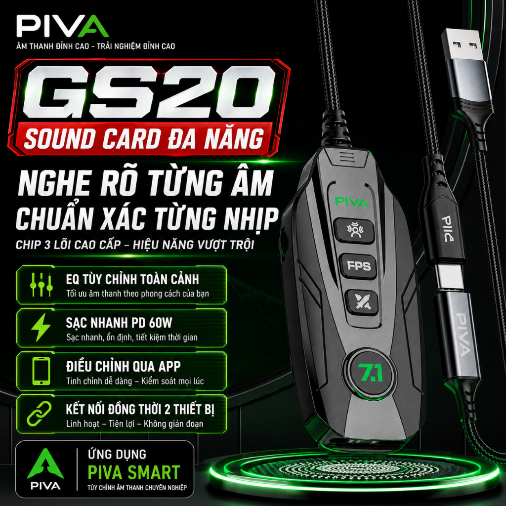 Sound Card Gaming Piva GS20 Card âm thanh TypeC hỗ trợ tăng tiếng chân PUBG sạc PD 60W âm thanh vòm 