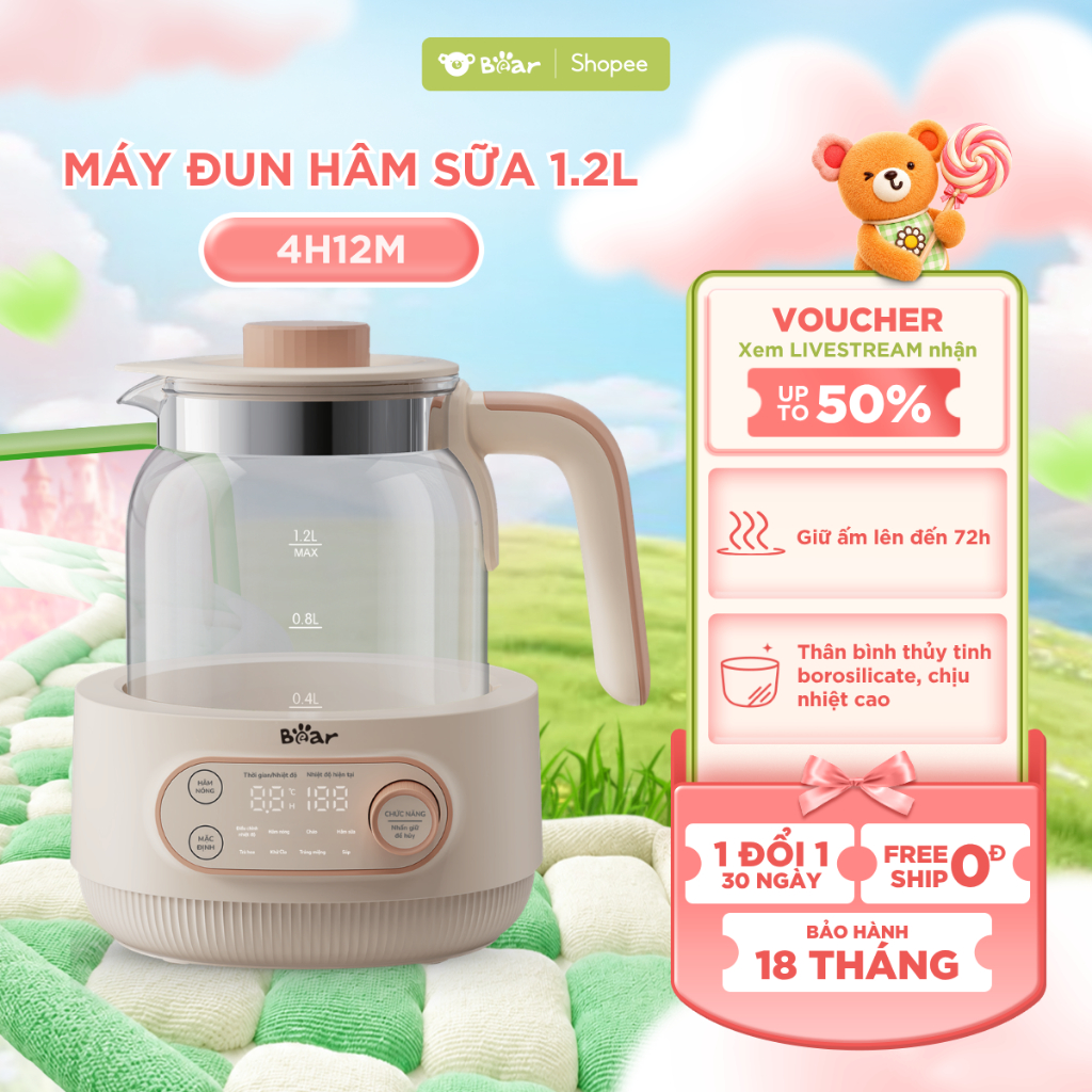 Máy Đun Nước Pha Sữa BEAR WW-4H12M Dung Tích 1.2L Giữ Nhiệt Hâm Sữa Cho Bé