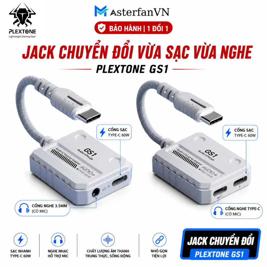 Jack chuyển tai nghe PLEXTONE GS1 hỗ trợ sạc cho điện thoại 15pro, Pad typeC M1, M2