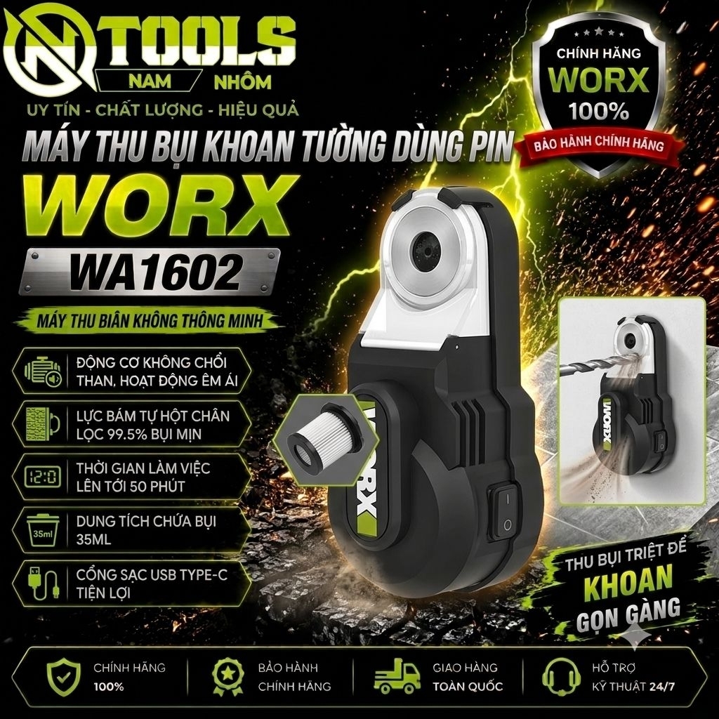 WORX Máy Thu Bụi Khoan Tường Dùng Pin WA1602 - Lực Bám Tốt -  Cổng Sạc USB Type-C