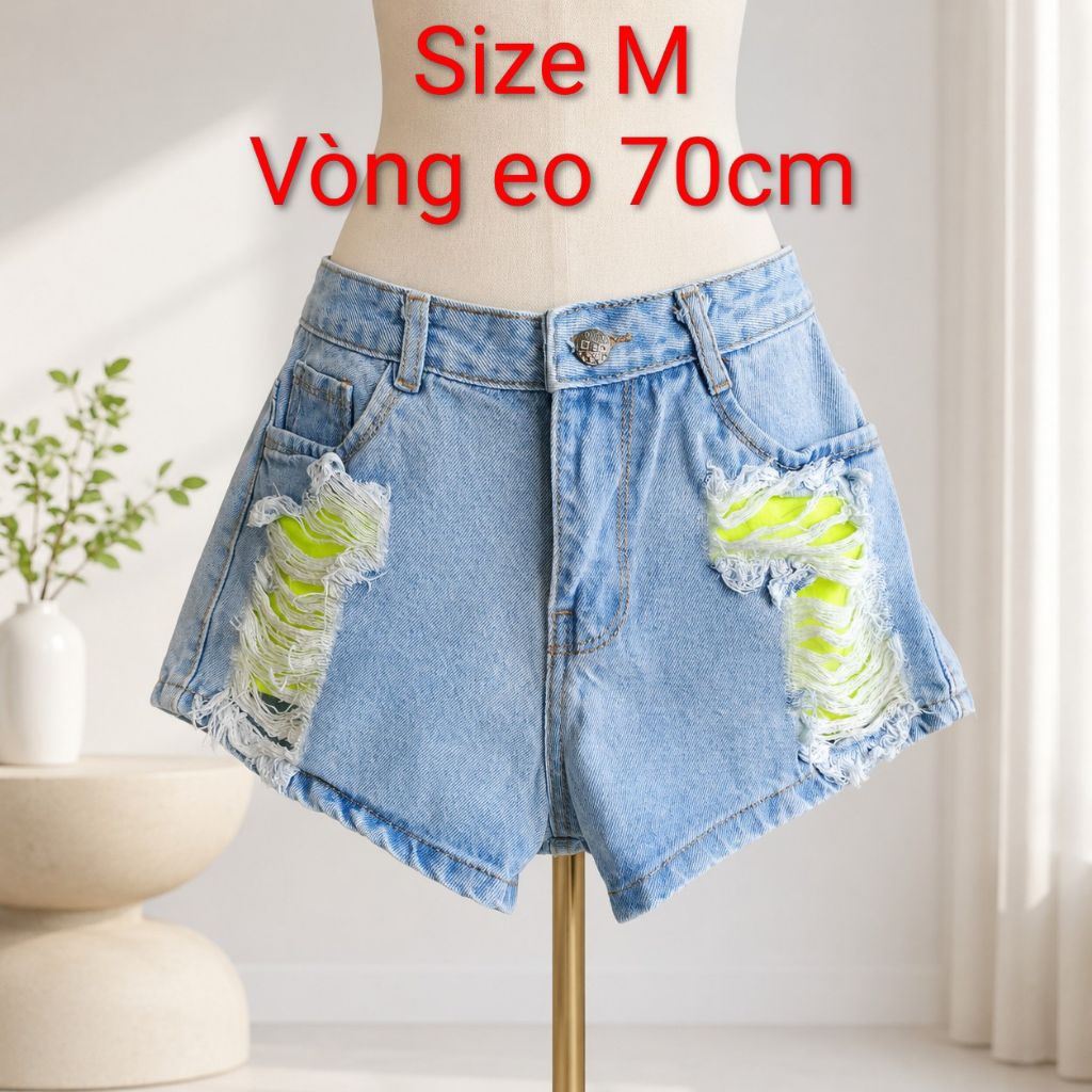 [2hand] Quần Short Jean Nữ Rách Đùi Phối Lót Neon Cá Tính - Size M (Eo 70cm) - Cạp Cao Hack Dáng