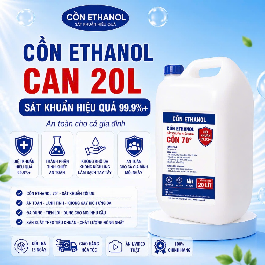 [CAN 20L] Cồn Y tế Sát khuẩn Ethanol, Cồn Ethanol can 20L, 96 độ, Có Hương