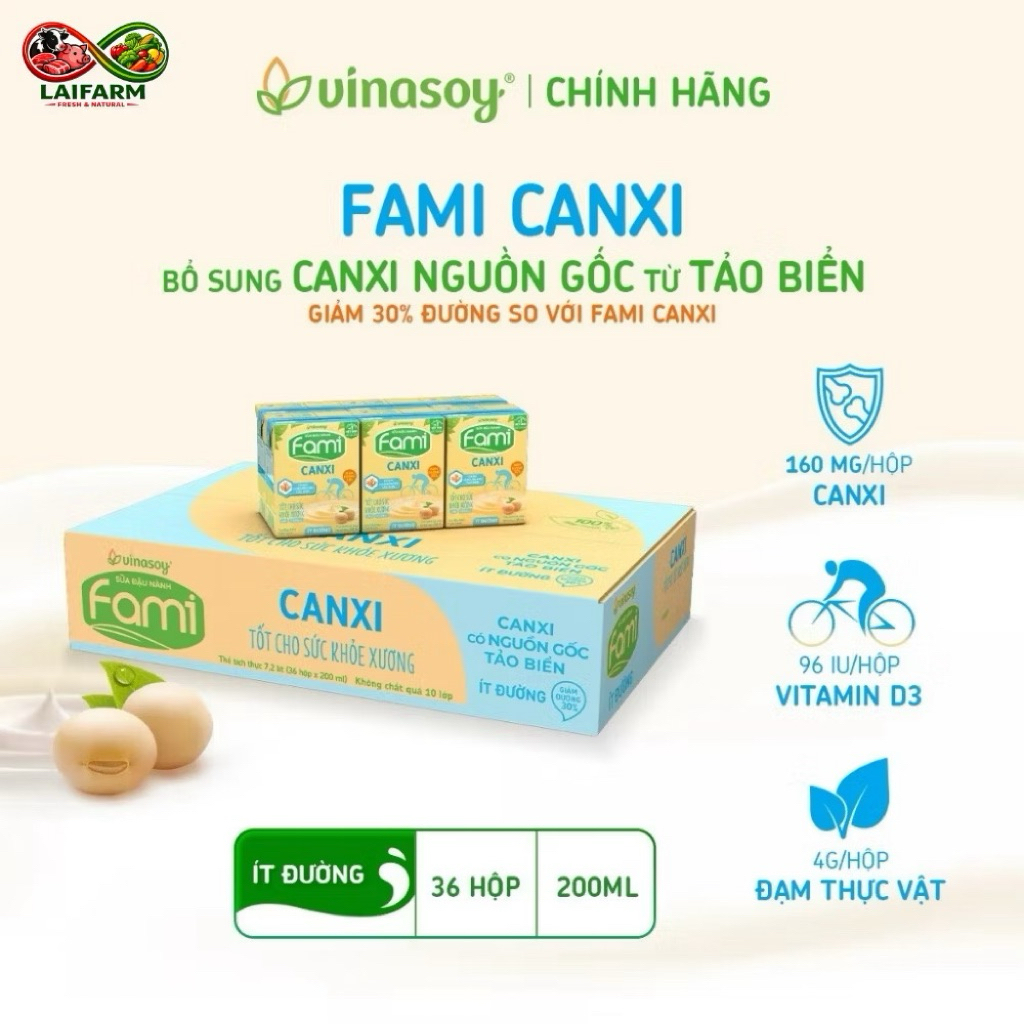 Sữa Đậu Nành Fami Canxi 200ml, Sữa FAMI thùng 36 hộp, Sữa uống bổ sung canxi, thơm ngon