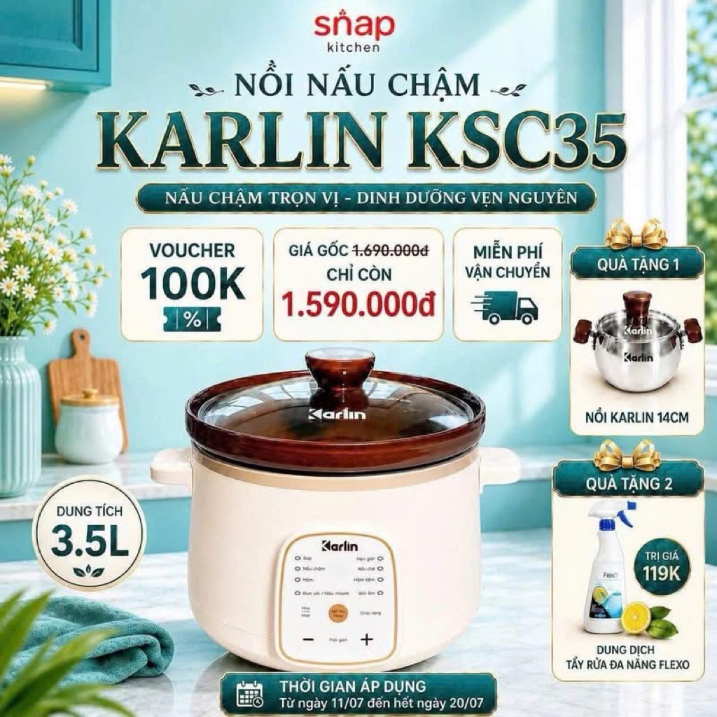[Chính hãng] Nồi Nấu Chậm KARLIN KSC35,lồng gốm 3.5lit, bảo hành 24 tháng LoanVo Lvmartstore