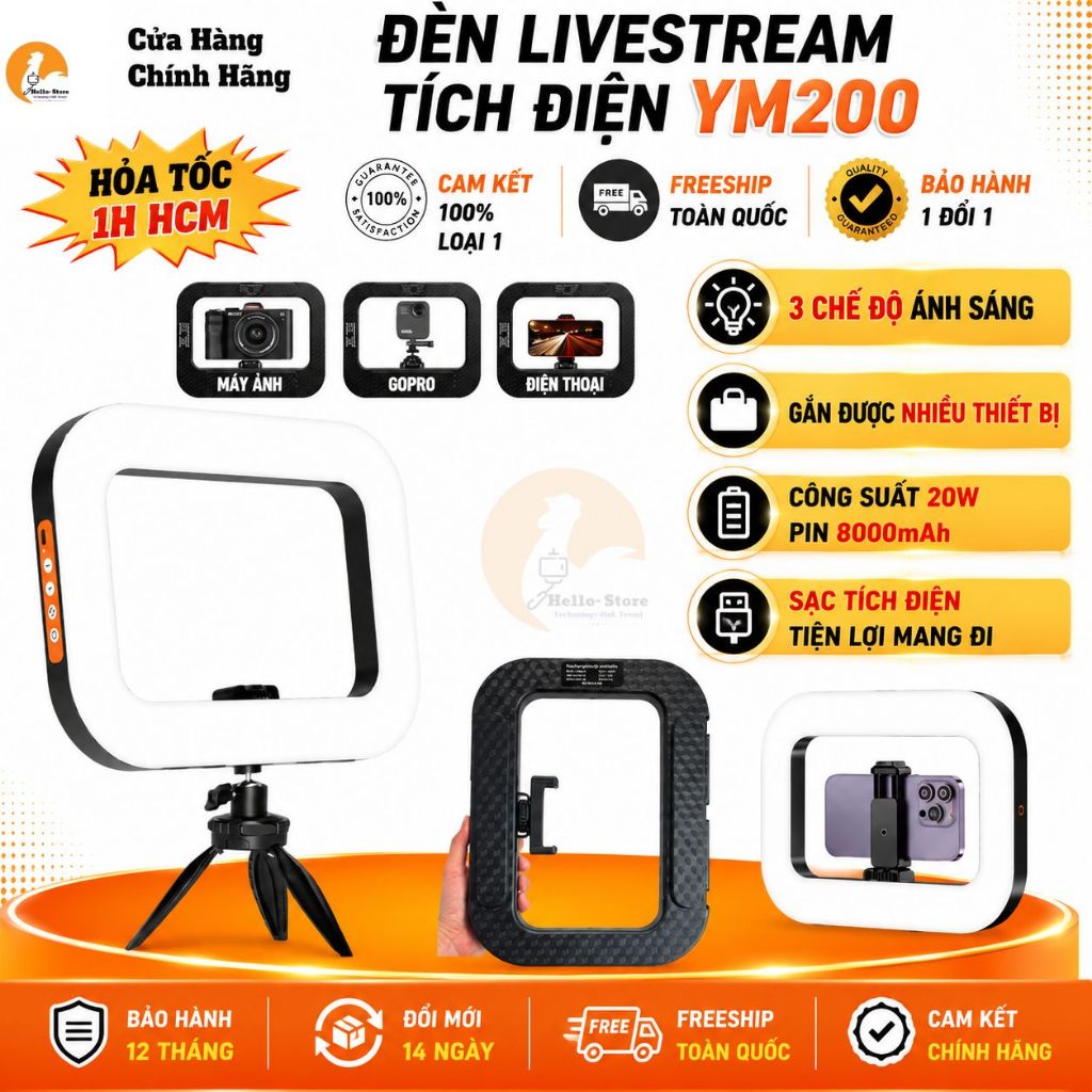 Đèn Chụp Ảnh YM200 Hỗ Trợ Sáng Studio Sản Phẩm Tích Điện Cầm Tay 20W Pin Trâu Quay Video Hello Store