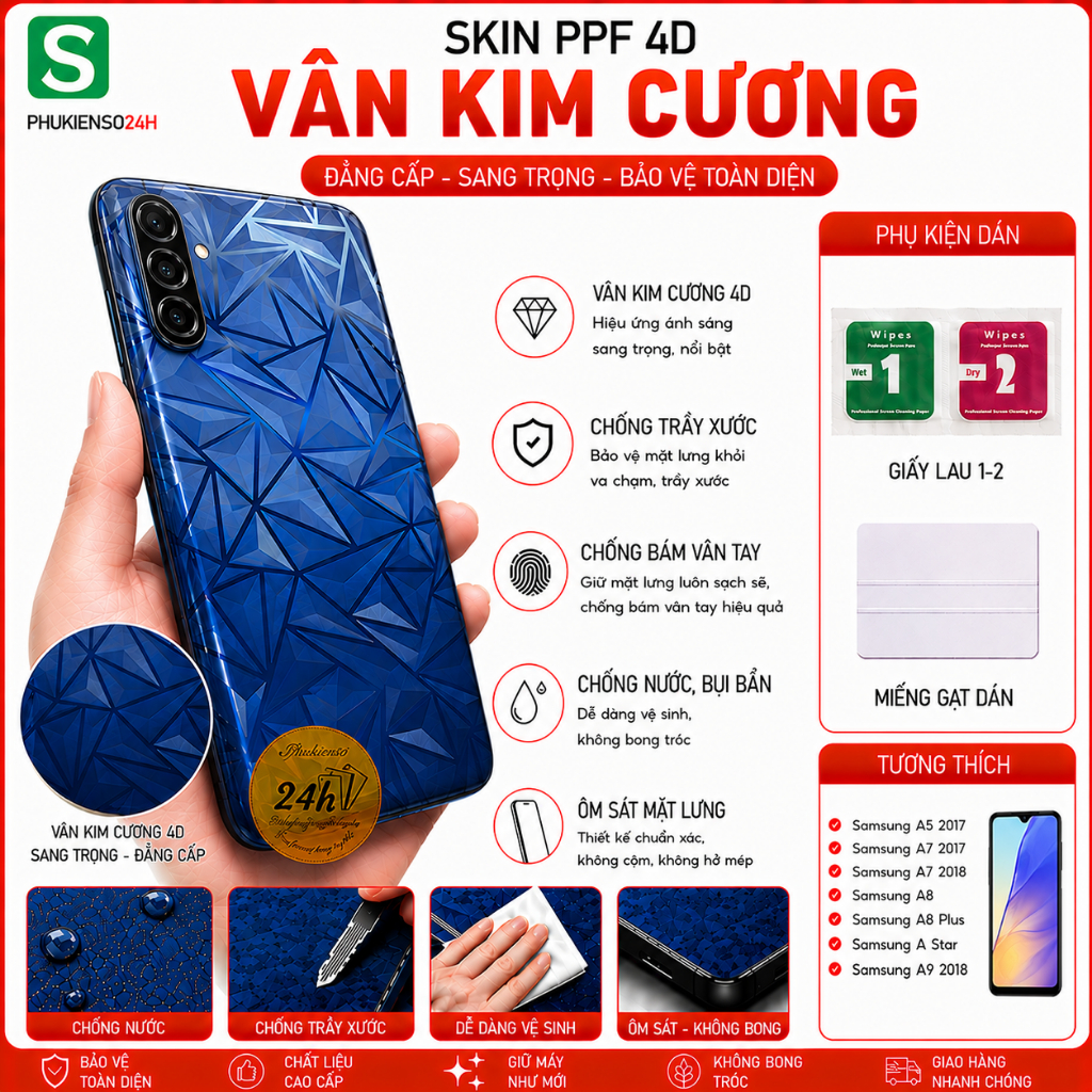 Miếng Dán Skin PPF 4D Vân Kim Cương Cho Samsung A5 2017 A7 2017 A7 2018 A8 A8 Plus A8 Star A9 2018