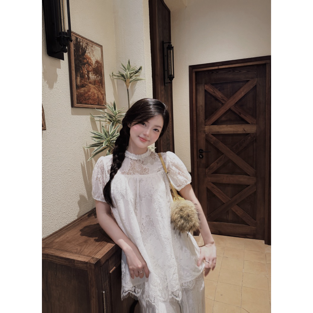 [JANG CLOSET] Áo váy babydoll nữ tay bồng tiểu thư chất liệu ren cao cấp Jang Closet mặc đi làm đi c