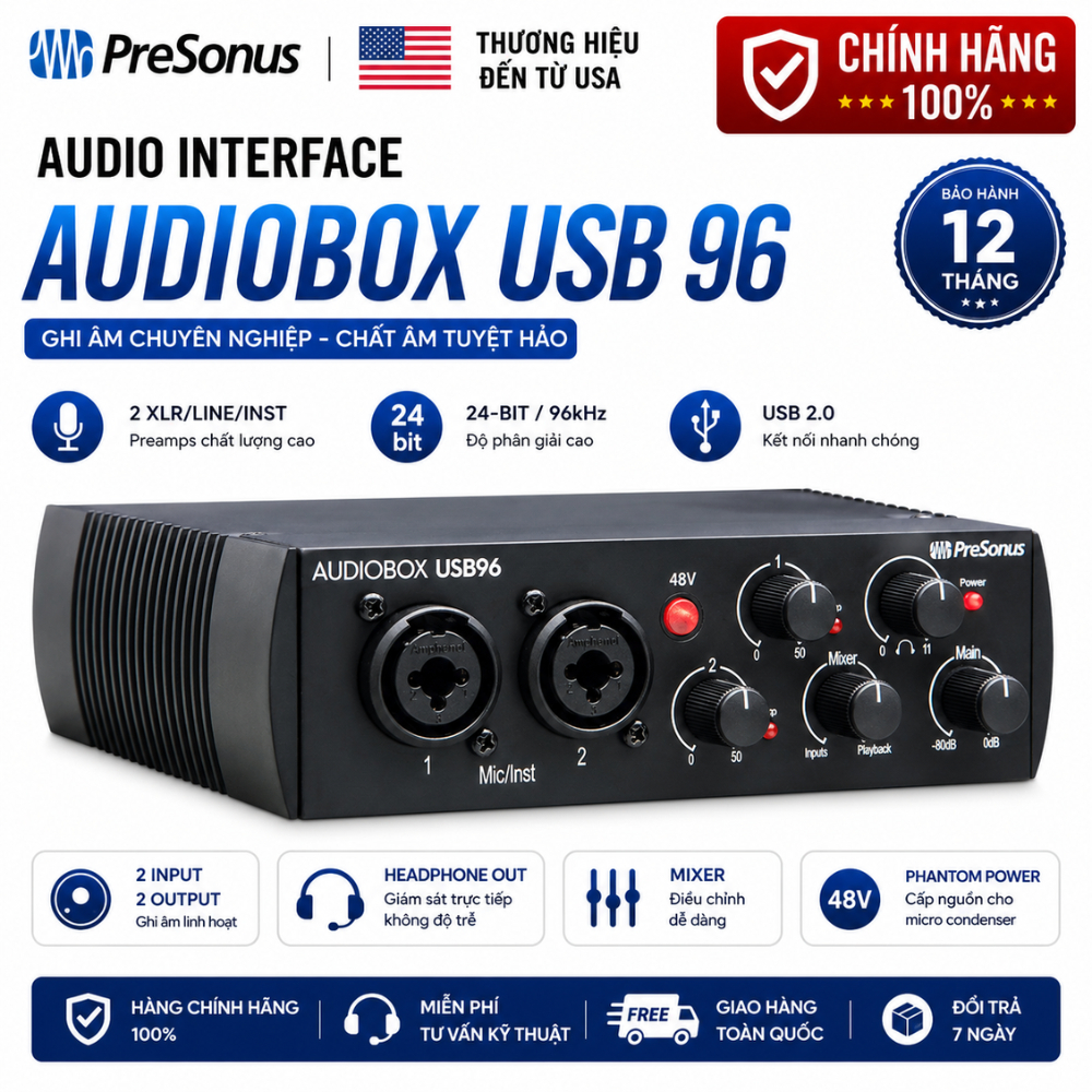 Sound Card Thu Âm PreSonus AudioBox USB 96 Audio Interface Chính Hãng