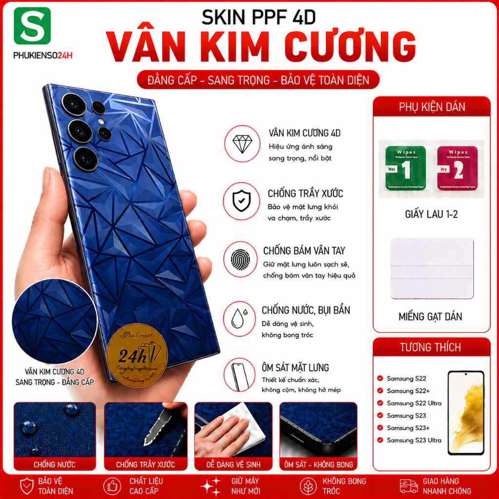 Miếng Dán Skin PPF 4D Vân Kim Cương Cho Samsung S22 / S22+ / S22 Ultra / S23 / S23+ / S23 Ultra