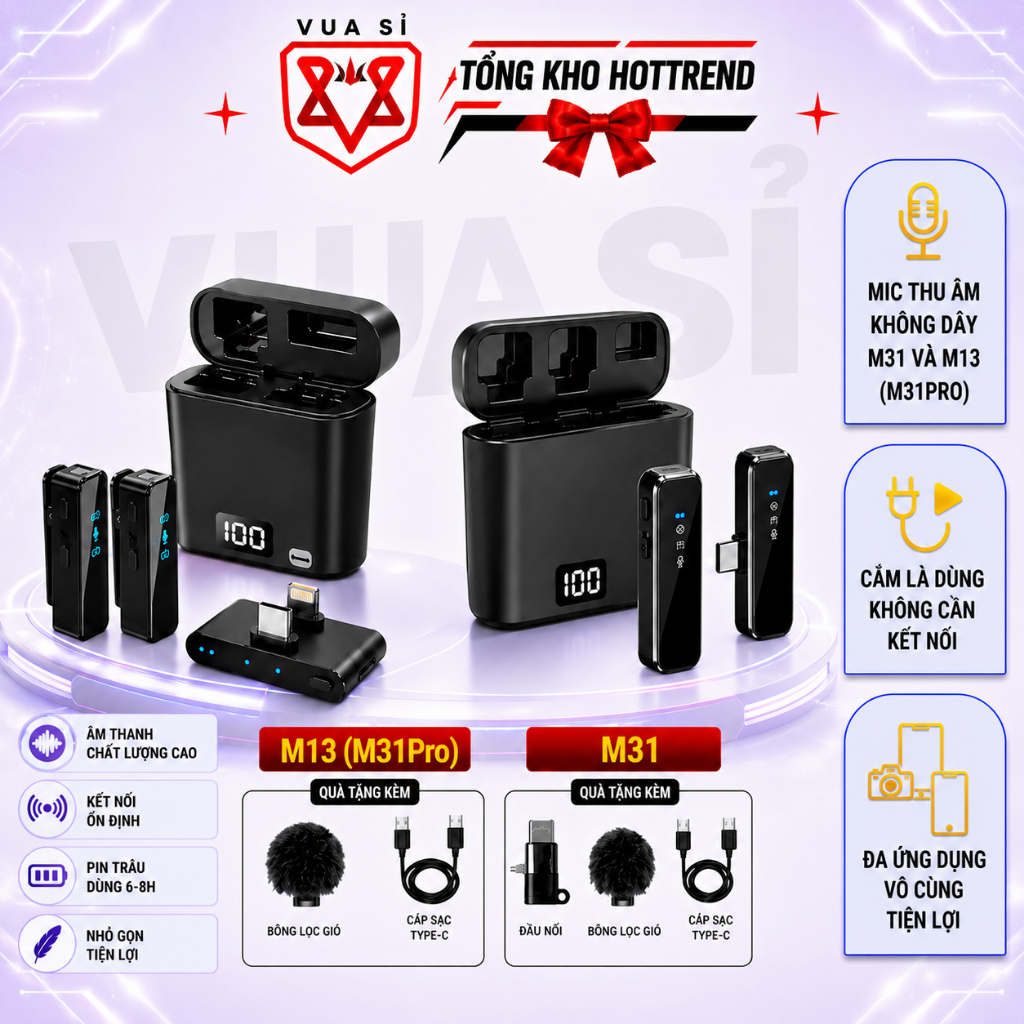 Mic Thu Âm Không Dây M13 (M31 Pro ) 2 Cổng và M31 1 Cổng Micro Cài Áo Cắm Trực Tiếp Vào Máy