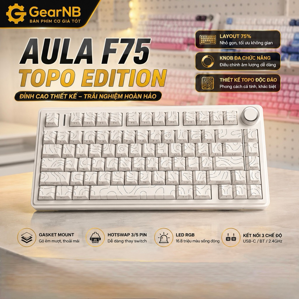[Hoả tốc] Bàn phím cơ Aula F75 full phím mạch xuôi LED RGB 3 mode kết nối hotswap 5 pin bàn phím Aul
