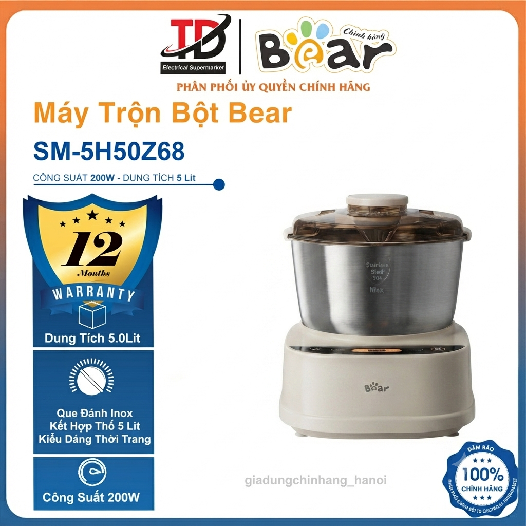 Máy Trộn Bột Bear SM-5H50Z68, Dung Tích 5Lít - Công Suất 180W, Nhồi Và Ủ Tự Động, Hàng Chính Hãng