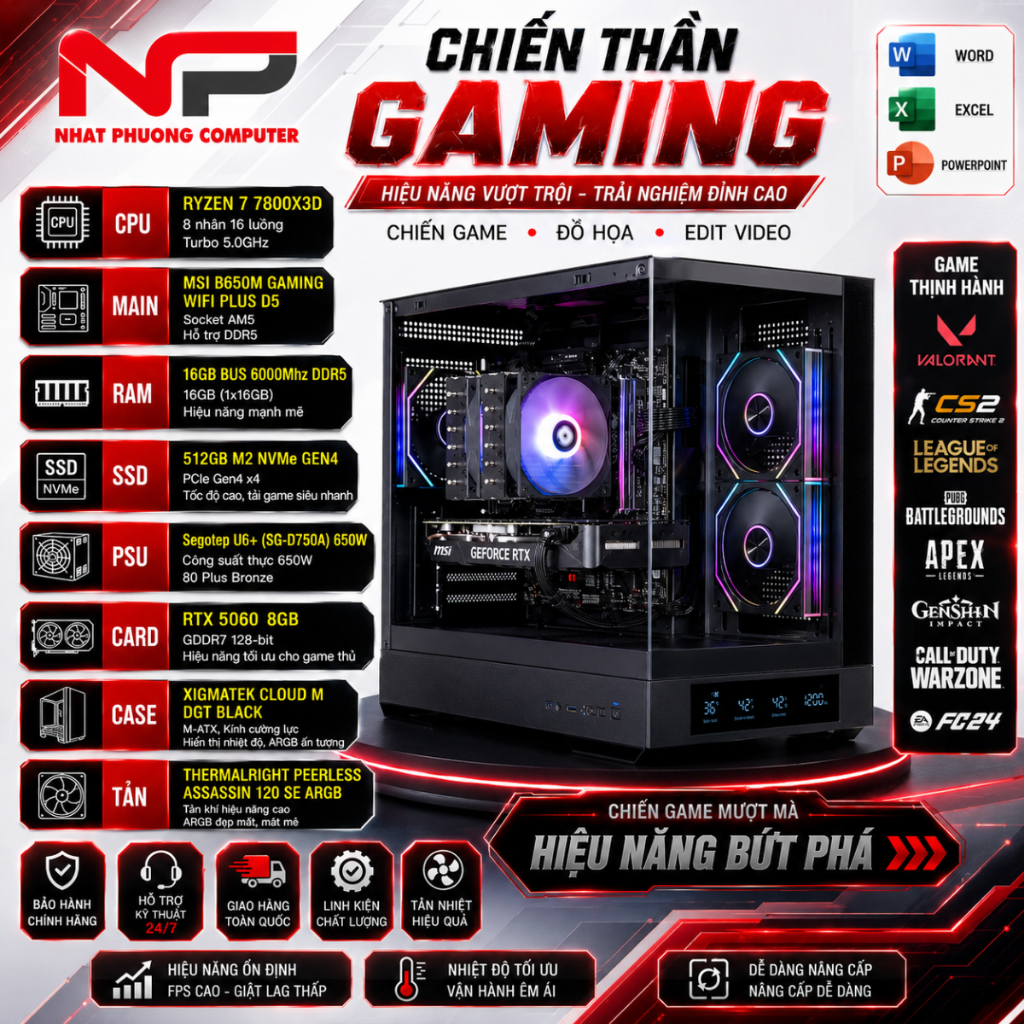 Bộ PC NPC-04 Gaming ( R7-7800x3D | 16GB DDR5 | RTX 5060 8GB | SSD 512GB)