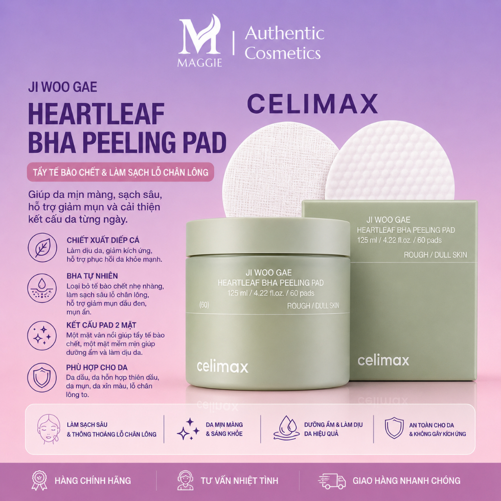 Toner Pad Celimax Tẩy Tế Bào Chết 60 Miếng Ji Woo Gae Heartleaf BHA Peeling Pad