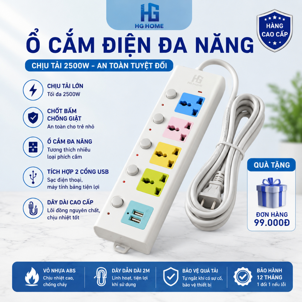 Ổ Cắm Điện Đa Năng HGHOME Chịu Tải 2500W Có Cổng USB, Chốt Bấm Chống Giật An Toàn [ HÀNG CAO CẤP ]