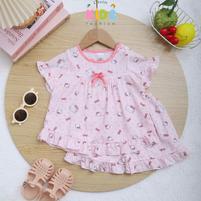 Bộ tole lanh tay đùi viền bèo cài nút vai size 7-18kg- Lavin Kids