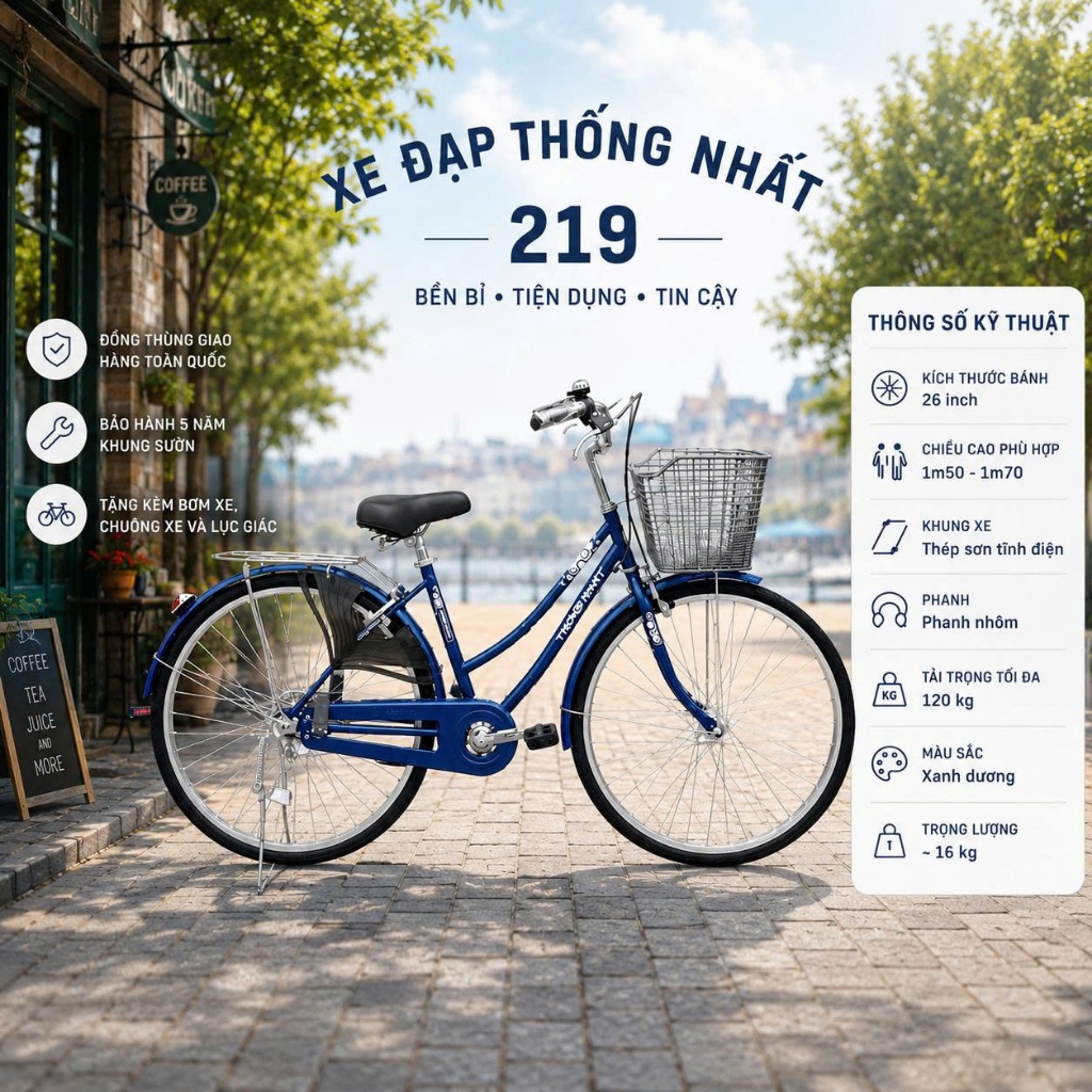 Xe Đạp Thống Nhất 219 bánh 26inch (Tặng kèm lục giác, chuông, baga sau, giỏ nhựa, bơm xe)