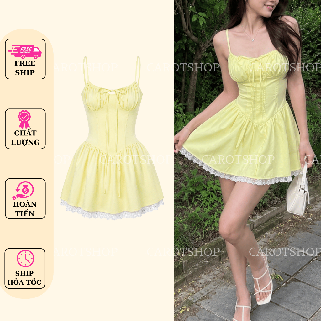 [HỎA TỐC] Đầm 2 Dây Rút Nơ Ngực Phối Chân Ren K6179_CAROTSHOP