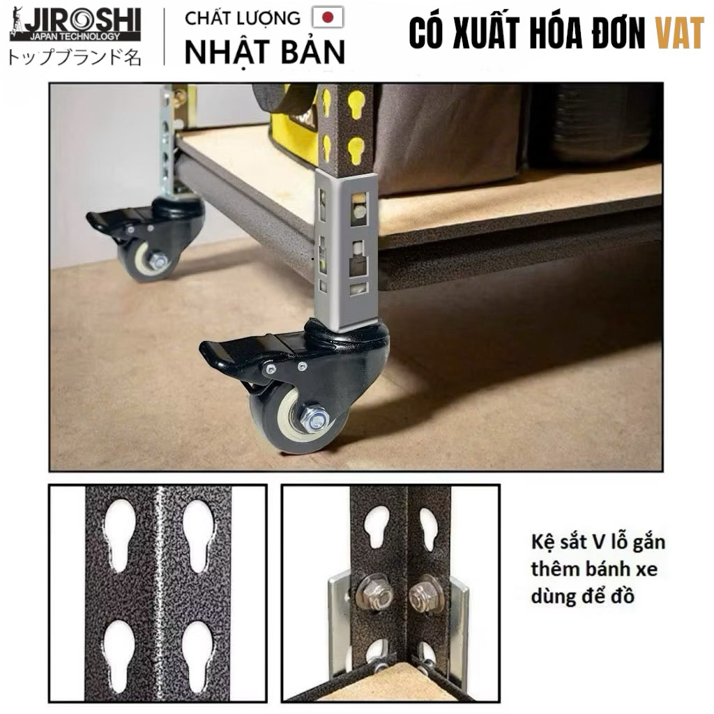 Bộ 4 bánh xe linh hoạt cho kệ V lỗ, kệ sắt và kệ bếp Jiroshi.