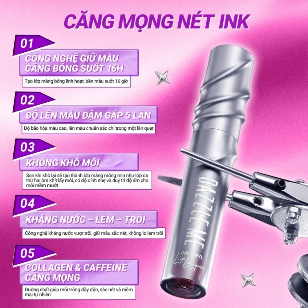 Ảnh 8 của Son kem bóng Dazzle Me Ink-Vinyl Lip Lacquer lâu trôi mịn màng kháng nước, ngọt ngào, 2.5ml