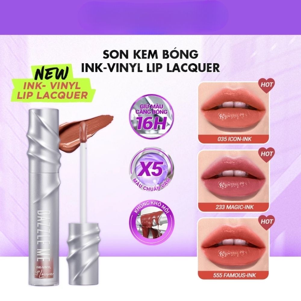 Ảnh 5 của Son kem bóng Dazzle Me Ink-Vinyl Lip Lacquer lâu trôi mịn màng kháng nước, ngọt ngào, 2.5ml
