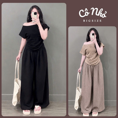 Set Bộ Áo Quần Bigsize Nữ Gồm Áo Trễ Vai Form Ôm Tay Ngắn Phối Quần Ống Rộng Lưng Chun A267+Q564