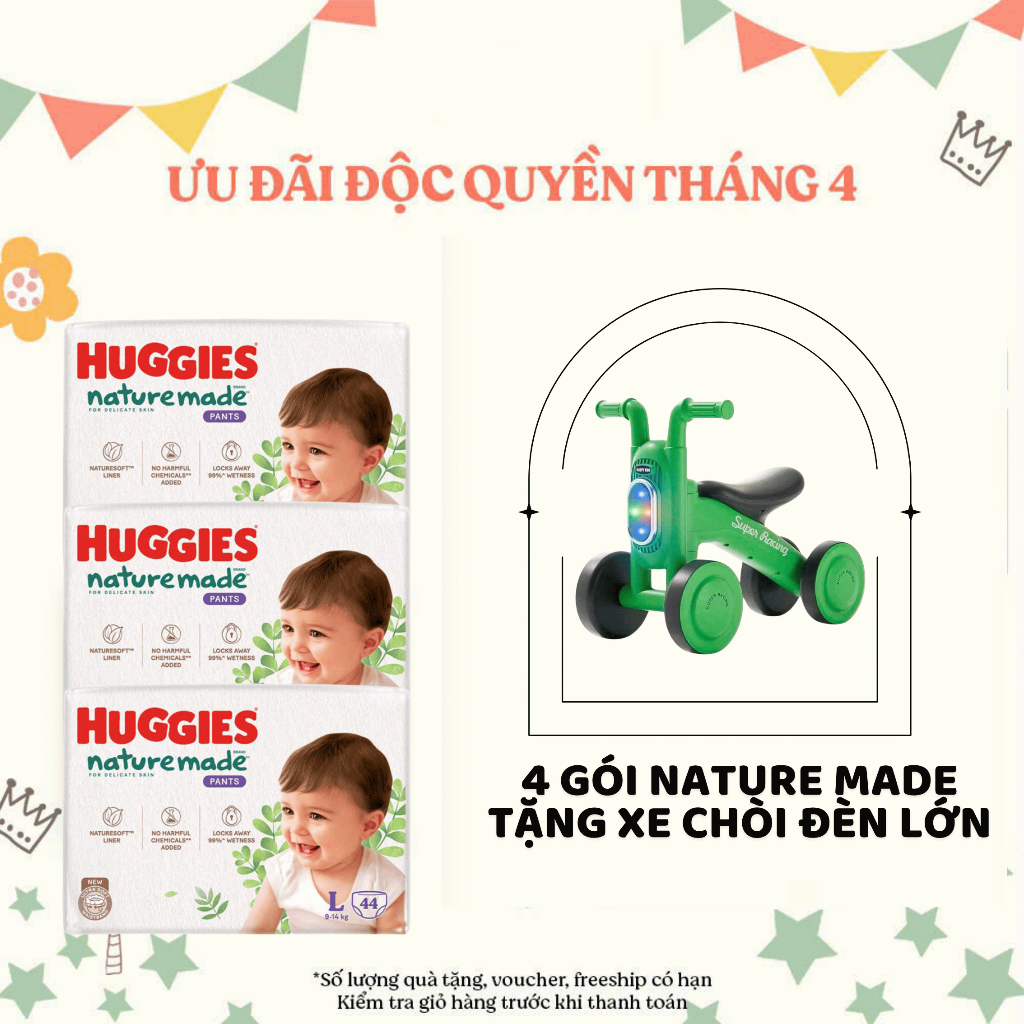 [COMBO 4 BỊCH TẶNG XE CHÒI] BỈM HUGGIES PLATINUM NATURE MADE bông hữu cơ dán/ quần đủ size