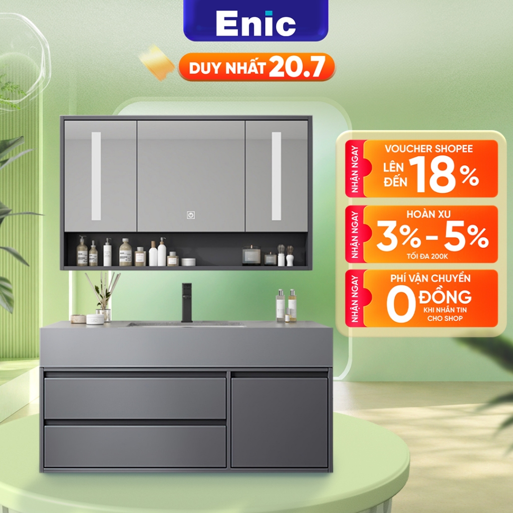Bộ tủ lavabo và tủ gương phòng tắm cao cấp Enic T03 chất liệu Polywood chống thấm nước (Không kèm si