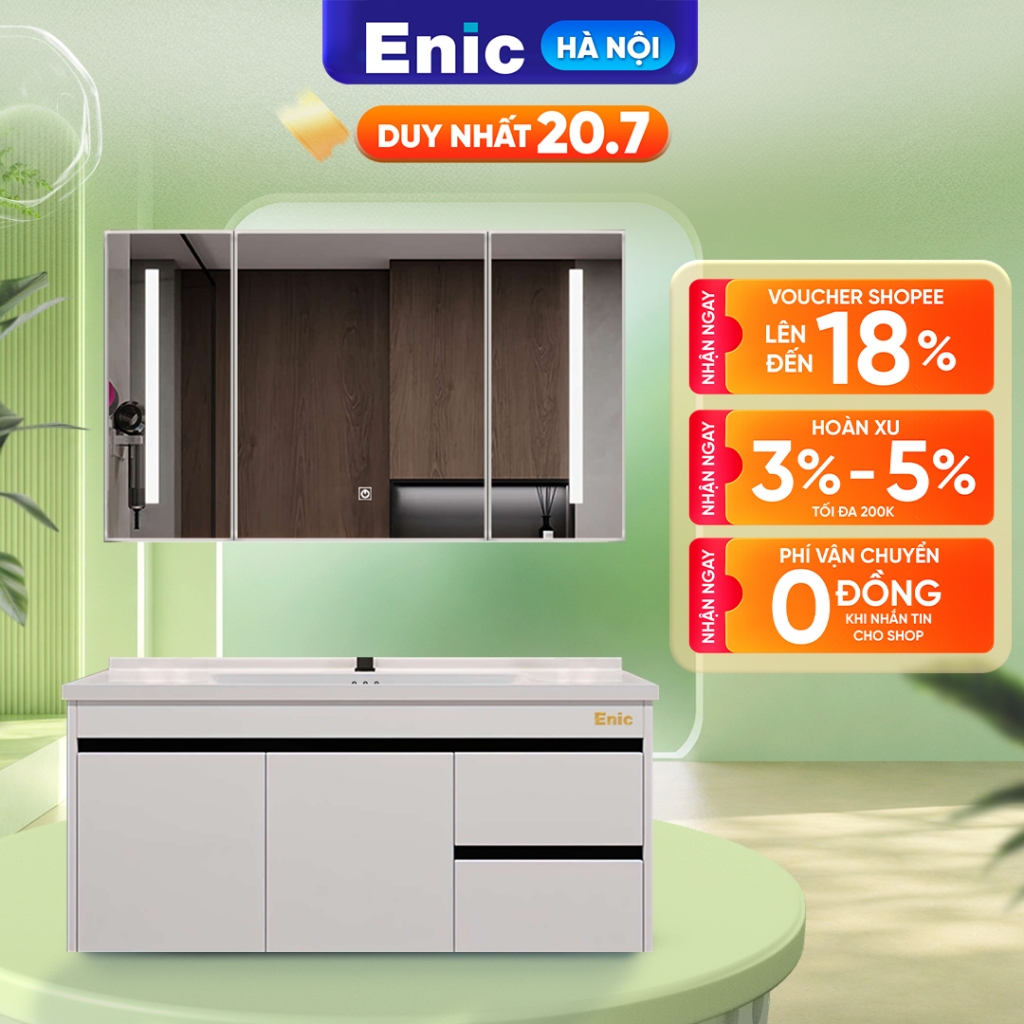 Bộ tủ phòng tắm chất liệu gỗ Enic ST01 - Đèn led điều chỉnh độ sáng, chống thấm, chống ẩm (GIÁ CHƯA 