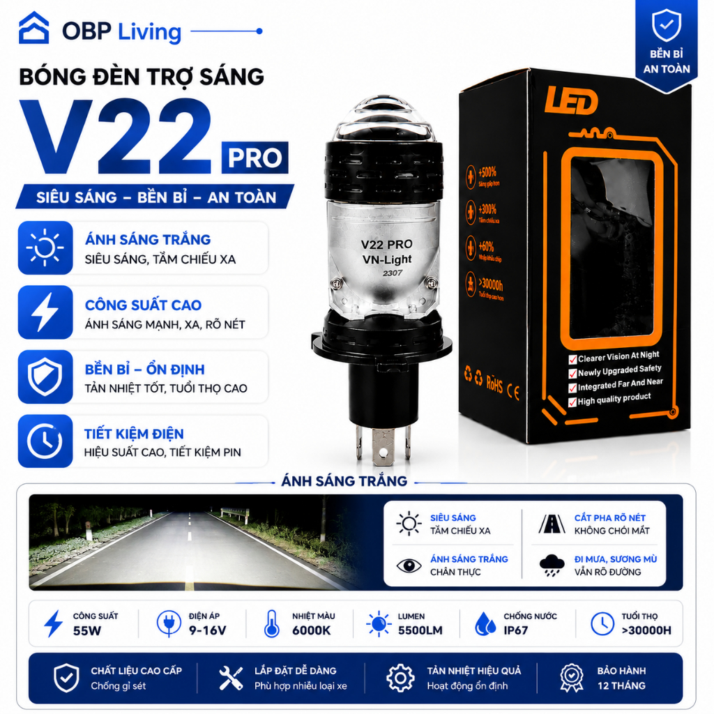 Đèn bi cầu V22 Pro BP H4 siêu sáng, 60W dễ dàng lắp đặt, lắp ô tô, xe máy 12v-24v