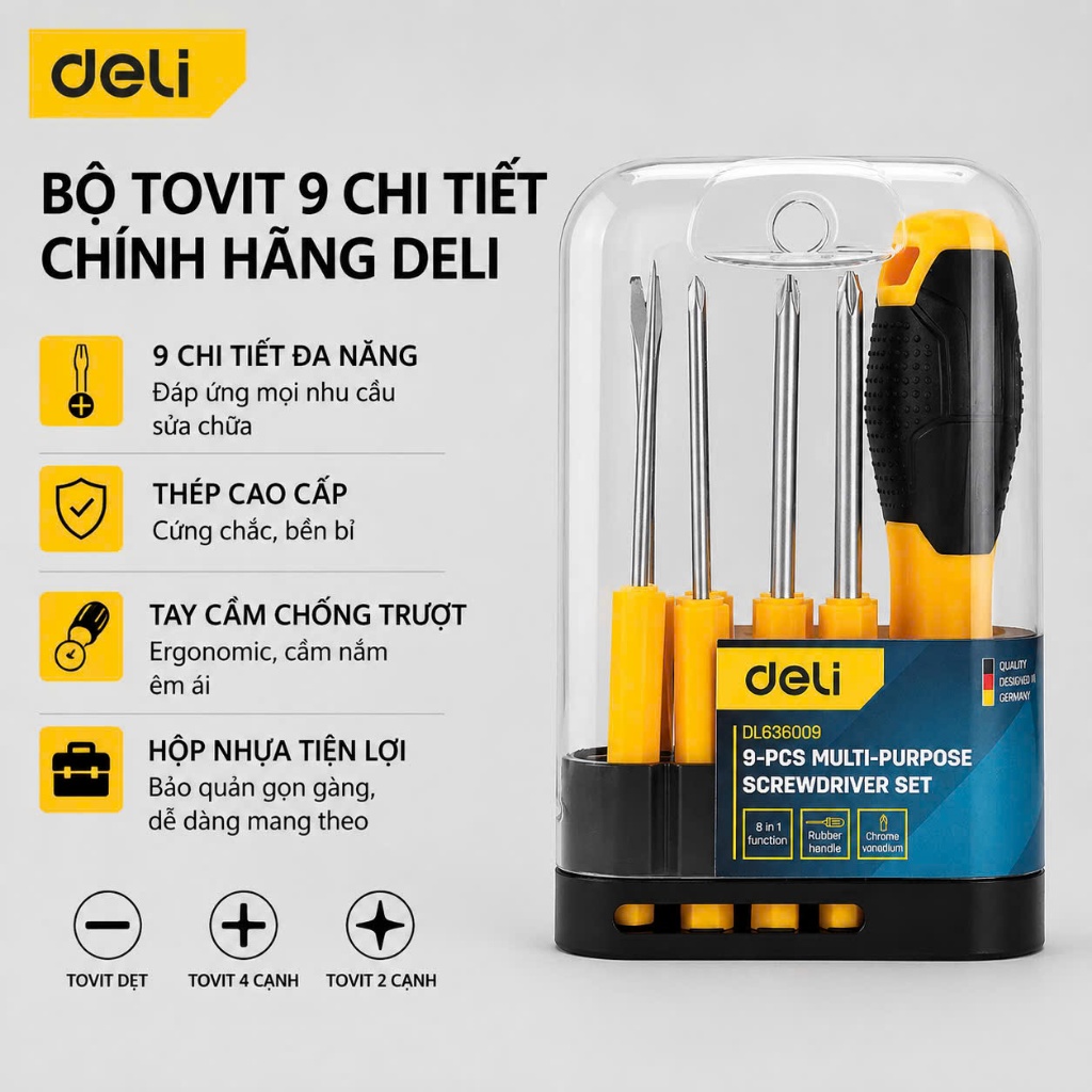 𝐃𝐞𝐥𝐢 - Bộ Tua Vít Deli 9 Chi Tiết Đa Năng, Nhỏ Gọn, Tiện Dụng - Vặn Ốc Vít, Sửa Chữa Đồ Dùng Gia Đìn